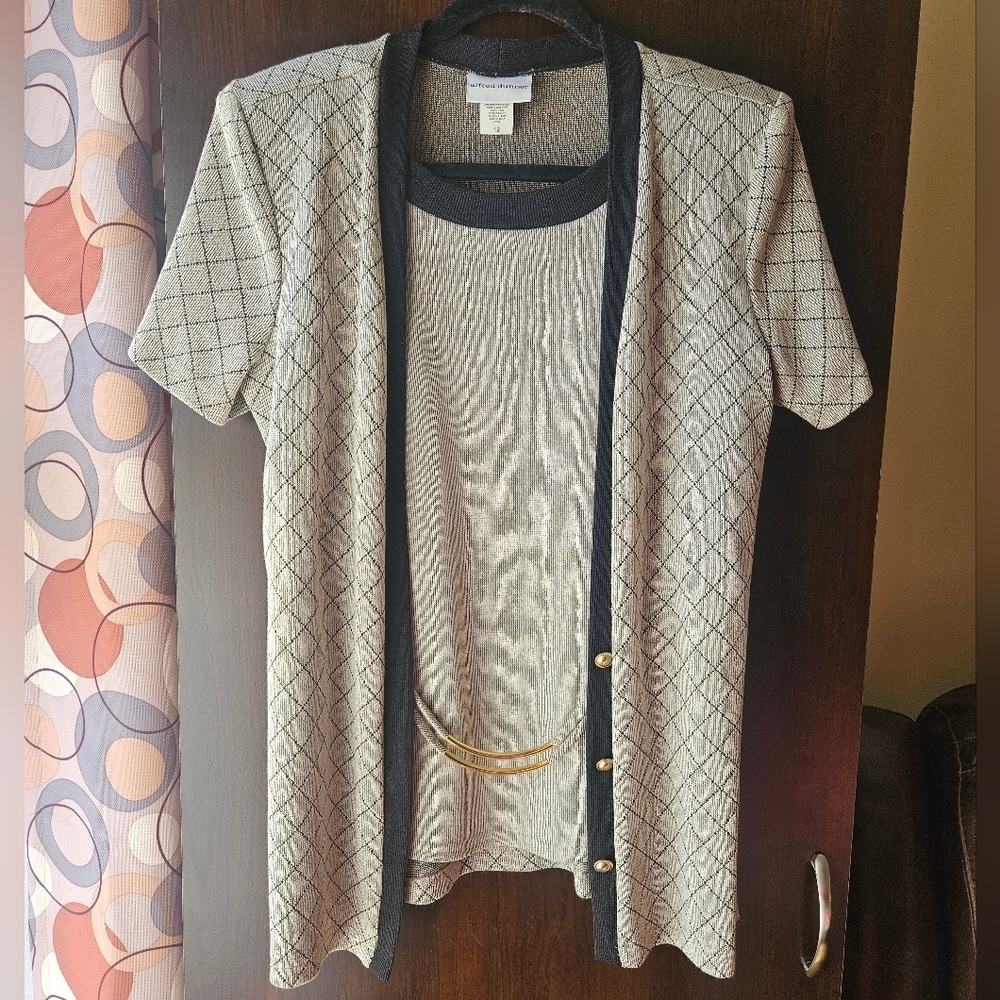 Alfred Dunner Chic Black and Cream Blouse With Built In Cardigan